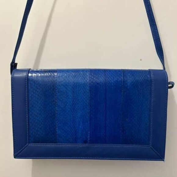 Vintage 1980s Blue Snakeskin and Leather Shoulder Bag - Picture 1 of 5